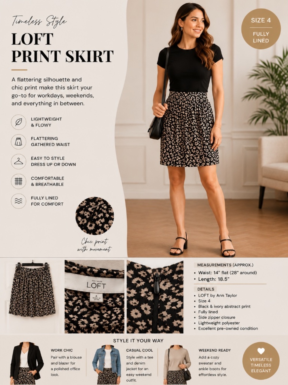 LOFT Black & Ivory Animal Print Flowy Skirt | Size 4 | Lined